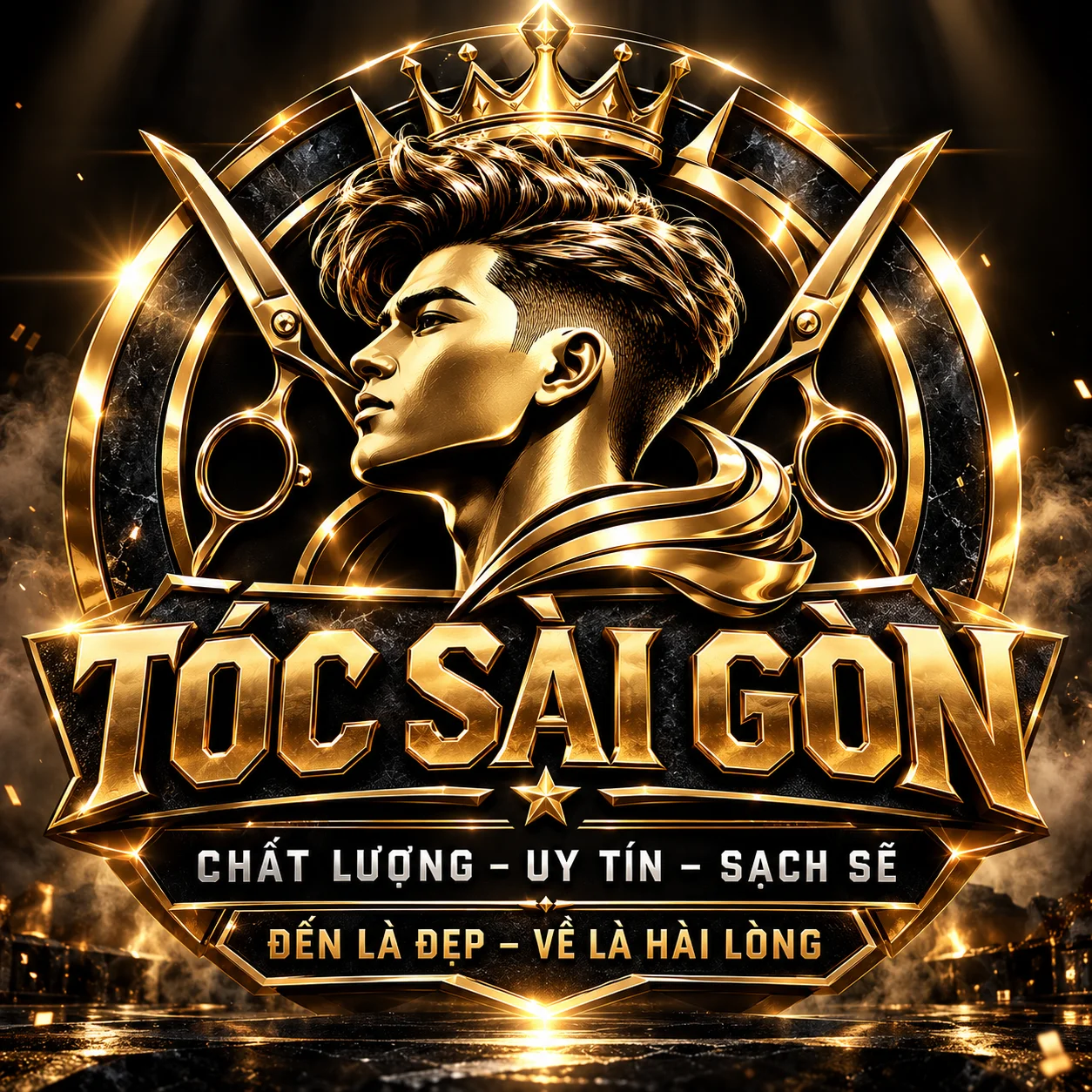 Logo TÓC SÀI GÒN: mặt nghiêng nam có vương miện và hai chiếc kéo chéo