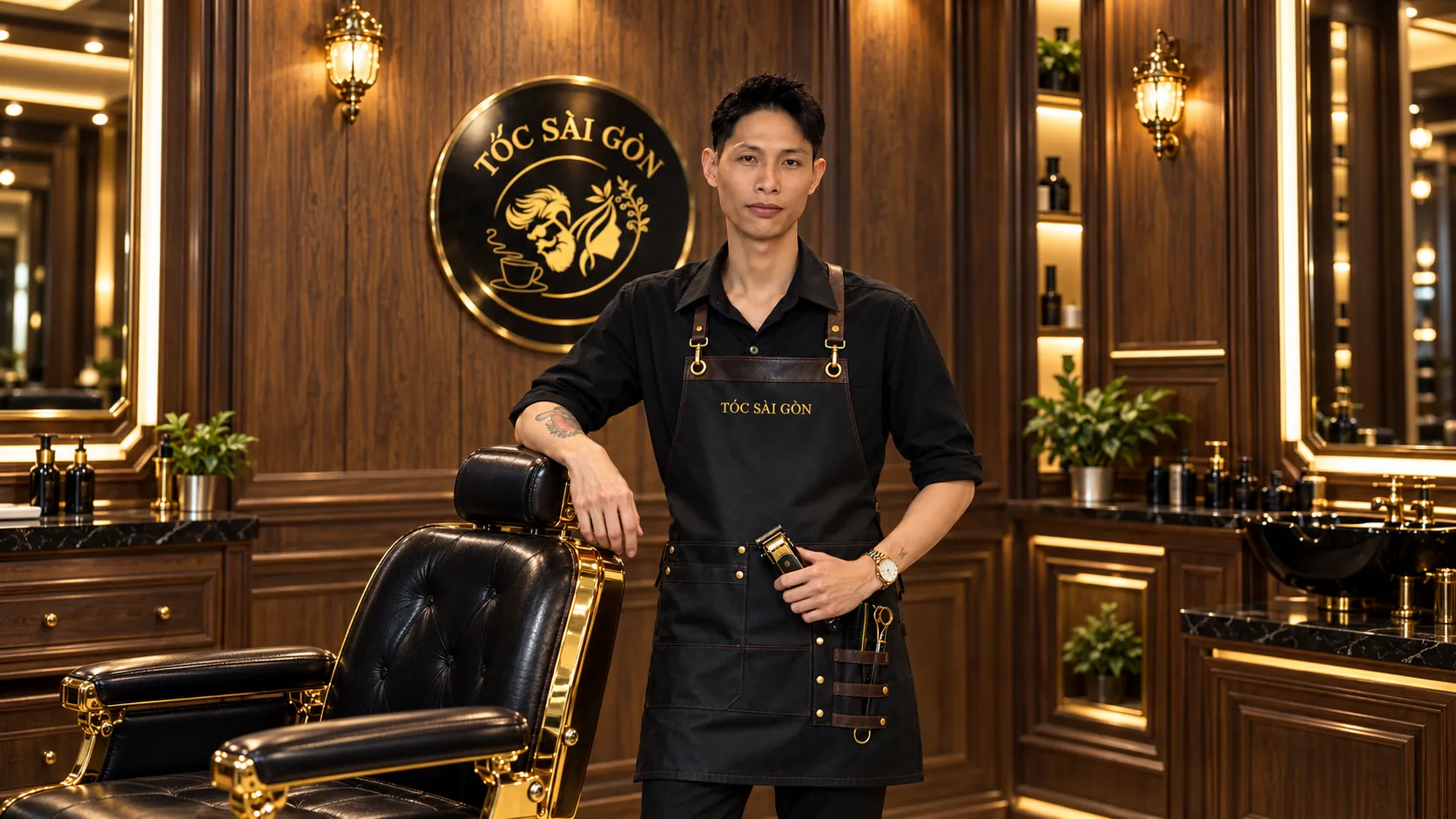 Thợ mặc tạp dề TÓC SÀI GÒN đứng cạnh ghế barber đen và vàng